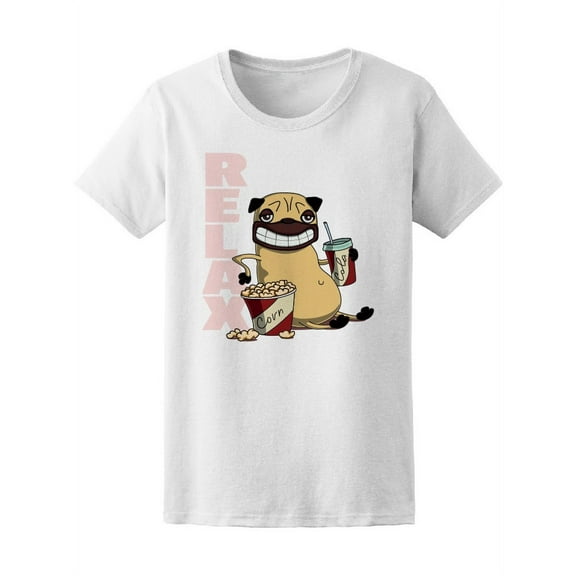 Cool Relaxing Pug With Popcorn T-Shirt Women -Image by Shutterstock, Female Small
