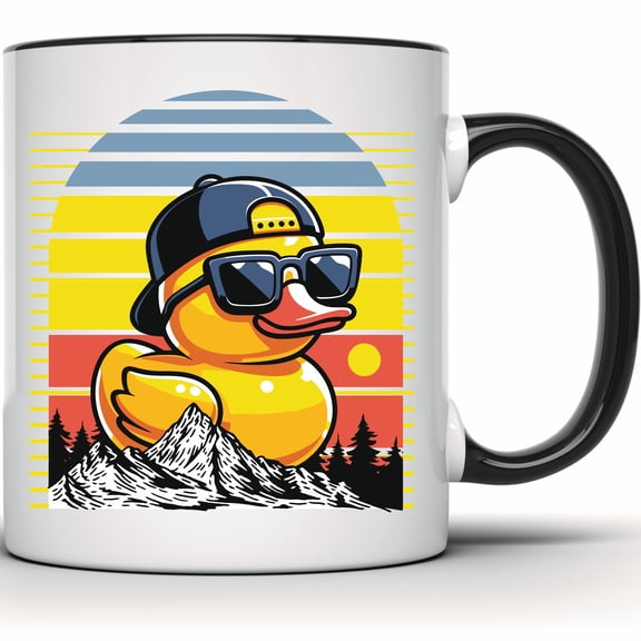 Cool Retro Duck Mug - Unique Rubber Duck with Sunglasses - Fun Animal Mug Gift Idea - 11 Ounce Black Rim Handle Novelty Coffee Cup - WMUG1712-BLK