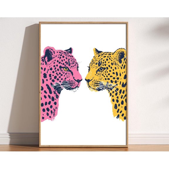 Cool Retro Leopard Print, Yellow And Pink Bold Colourful Art, Retro Nostalgic Modern Art, Funky Leopard Poster, Trendy 90S Wall Art Print Wall Art, Modern Wall Decor, 24x36 UNFRAMED
