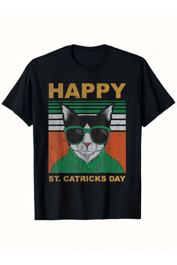 Cool Retro St. Catricks Day Cat Lover Irish Graphic Cotton Tee