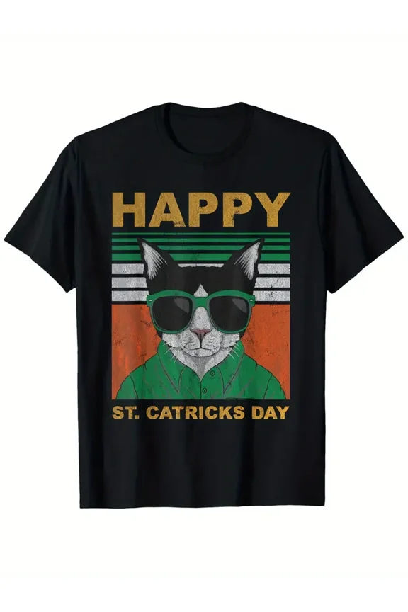 Cool Retro St. Catricks Day Cat Lover Irish Graphic Cotton Tee