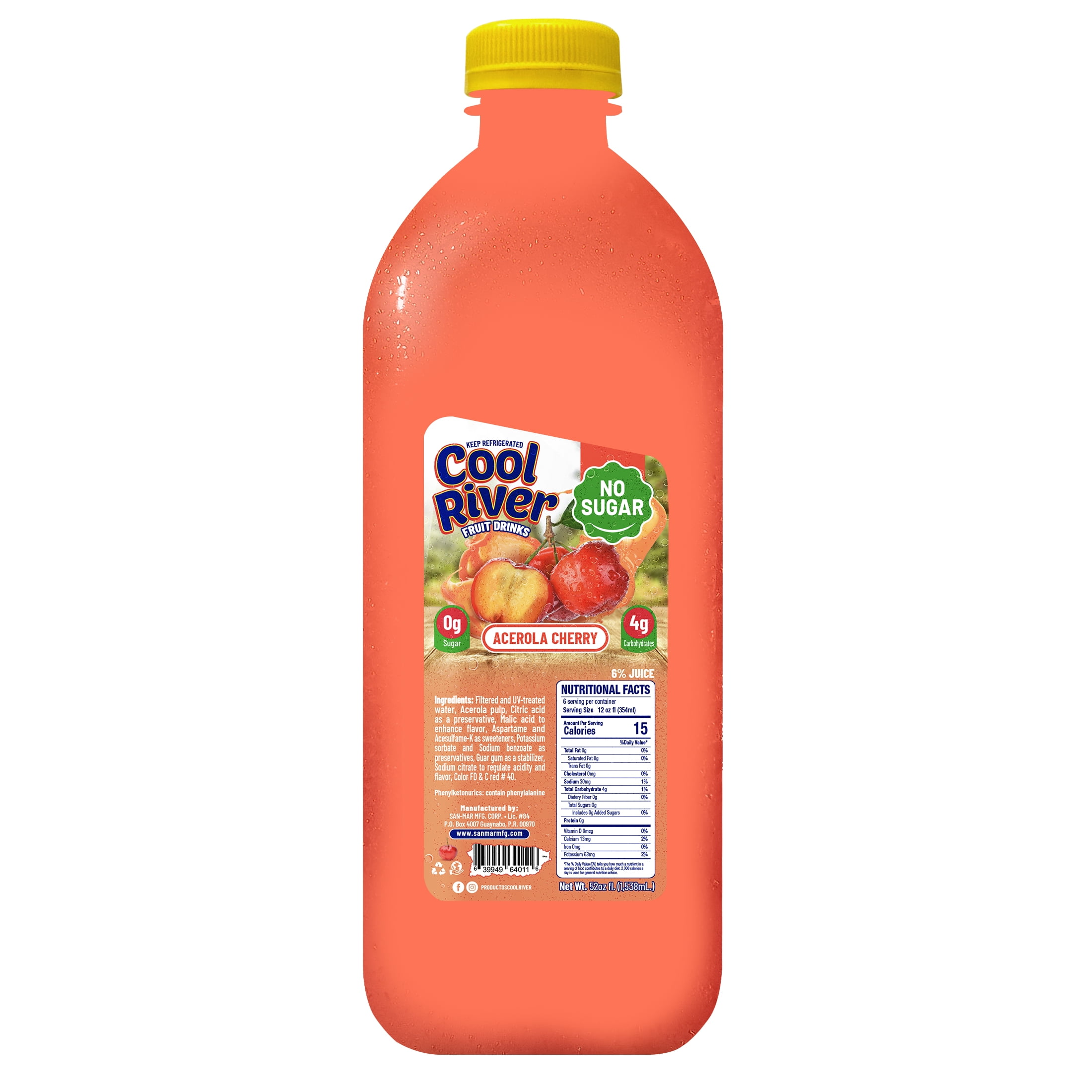 Cool River, No Sugar, Acerola Cherry Flavored Fruit Drink, Refrigerated 52 fl oz Plastic Bottle