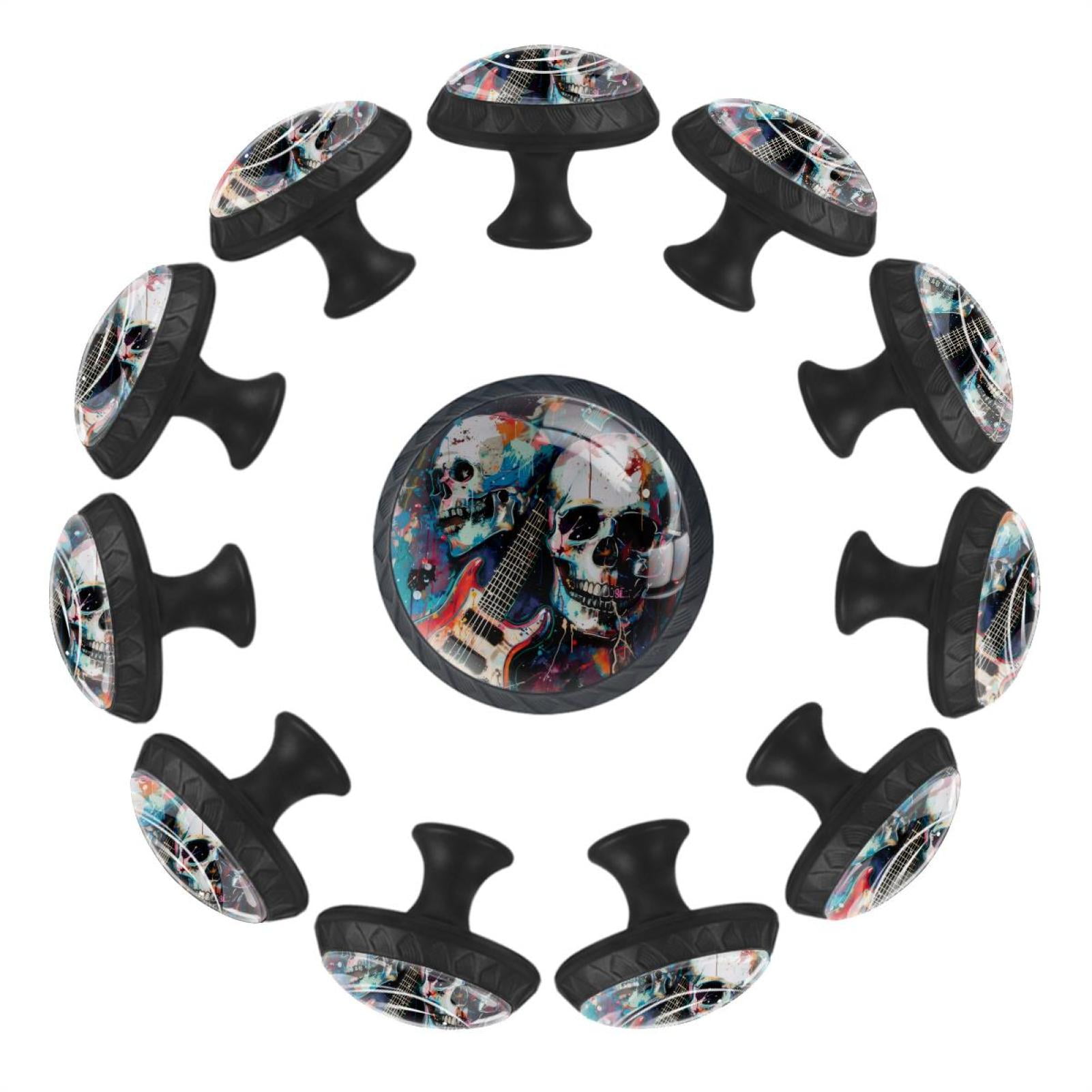 Cool Rock Abstract Skulls Guitar 35MM Round Glass Cabinet Knobs, Kitchen Knobs for Drawer Dresser Cupboard Wardrobe Modern Pulls Handles Hardware, Set of 12