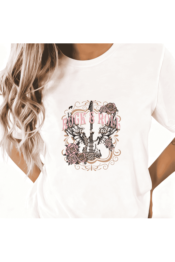 Cool Rock & Roll Guitar Rose Graphic Soft Casual Tee T-Shirt Print Top Short Sleeve Round Neck White S-5XL