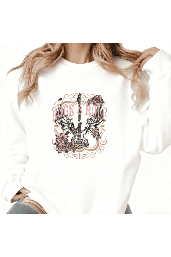Cool Rock & Roll Guitar Rose Graphic Tee T-Shirt Print Top Casual Round-neck long-sleeved white S-3XL