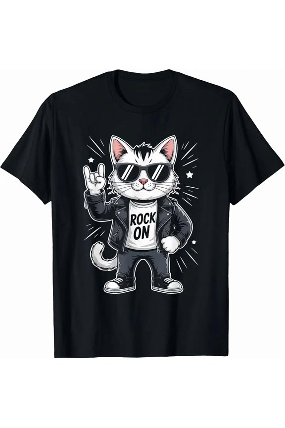 Cool Rocker Cat Music Fan Sunglasses Graphic Short Sleeve Unisex T-Shirt