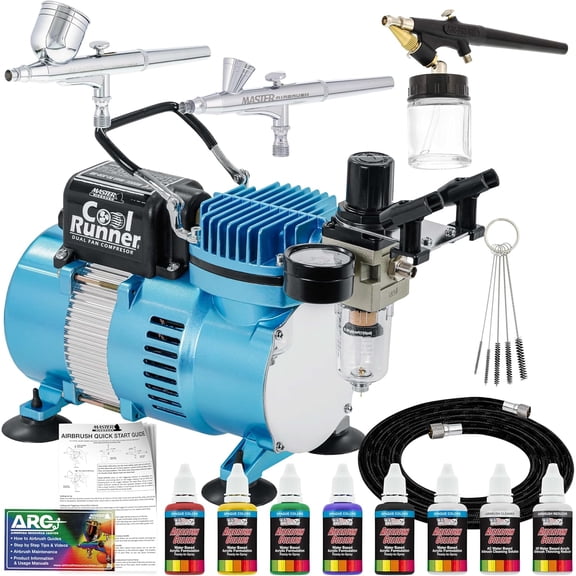 Cool Runner II Airbrush Kit with Dual Fan Air Compressor, 6 Primary Opaque Colors Acrylic Paint Set, 3 Airbrushes, Cleaning Brushes, Holder & How-To Air Brush Manual