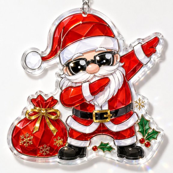 Cool Santa Acrylic Suncatcher, Stained Glass Style Window Hanging Decor, Dabbing Santa Claus Sunglasses Gift Sack Crystal Faceted Design, Funny Christmas Gift, 14 Inch