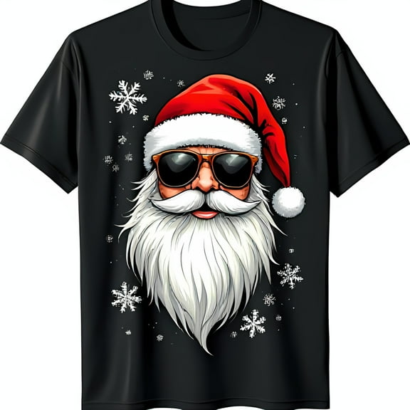 Cool Santa Claus Graphic Black T-Shirt with Sunglasses & Snowflakes for Holiday Parties