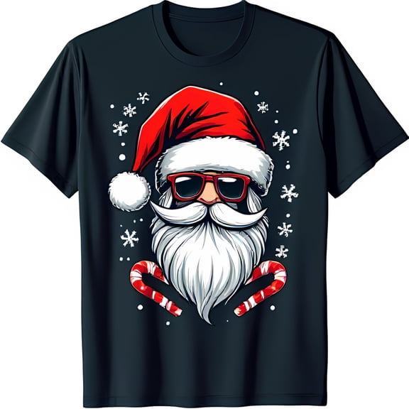 Cool Santa Claus Graphic T-Shirt Dark Blue Tee with Sunglasses & Candy Canes
