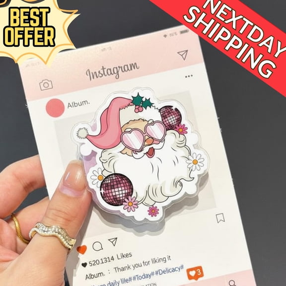 Cool Santa Magnetic Phone Grip: Fun & Funky Christmas with Pink Sunglasses, Cute Holiday Phone Accessory, Gift for Christmas Lover H8