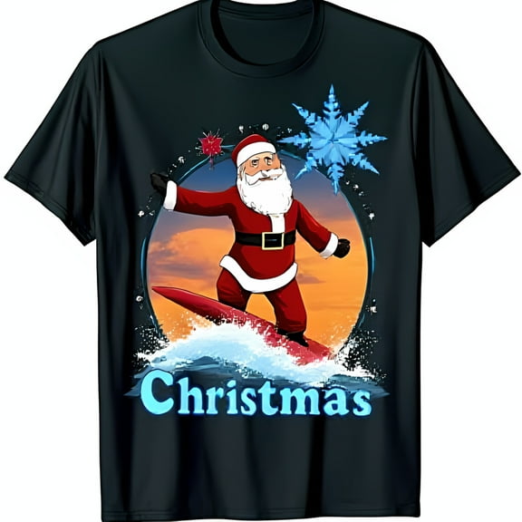 Cool Santa Surfer Graphic on Black T-Shirt Festive Beach Vibes