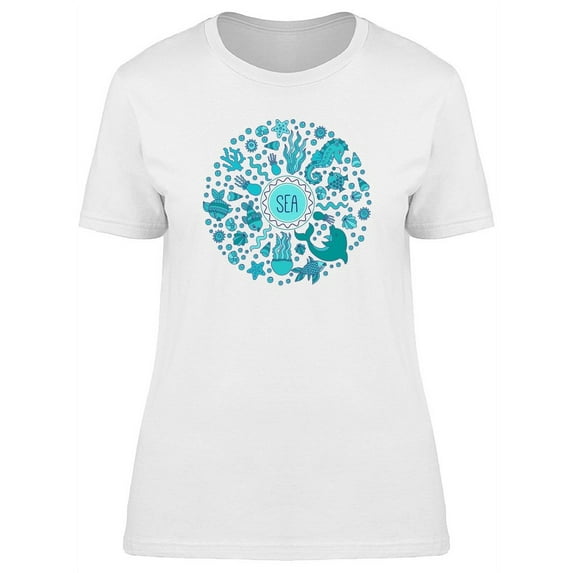 Cool Sea Life Doodles Collage T-Shirt Women -Image by Shutterstock, Female Medium