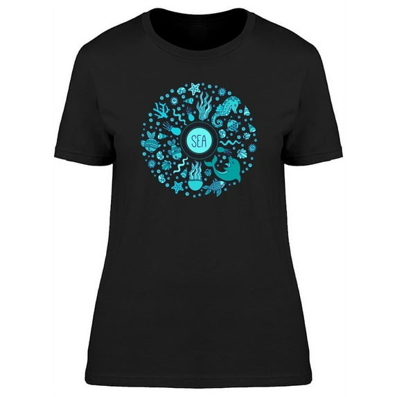 Cool Sea Life Doodles Collage T-Shirt Women -Image by Shutterstock, Female XX-Large