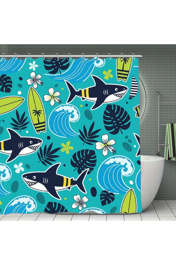 Cool Shark & Surfboard Summer Mosaic Print Shower Curtain 70.8×70.8Inch,Modern Fabric Waterproof Polyester Bathroom Home Decor Set with Hooks