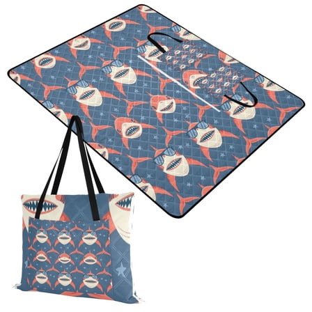 Cool Shark and Sunglasses Extra Large Picnic Beach Blanket Waterproof Sand Proof Portable Outdoor Mat 60x80