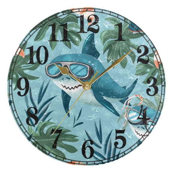 Cool Sharks and Palm Leaves Silent Wall Clock 10" Non-Ticking Battery Clock