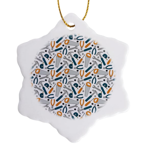 3drose, Cool Shop Tools Pattern of Hammers,saws, Tape Measures and More, 3 inch Snowflake Porcelain Ornament
