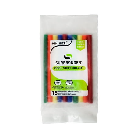 Surebonder Cool Shot Color Mini Hot Glue Sticks for Ultra Low-Temperature Glue Guns, Mini Size 4" - 15 Pack, 3 Count of Each Color - Red, Orange, Yellow, Green, Blue