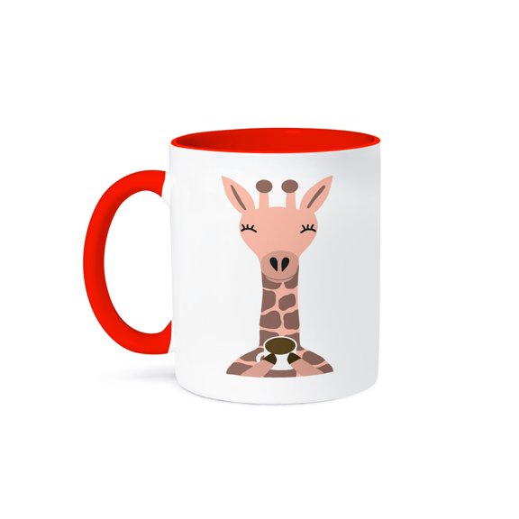 3drose, Cool Silly Creative Pink Giraffe Drinking a Hot Cup of Coffee, 11oz Two-tone Red Mug