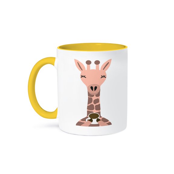 3drose, Cool Silly Creative Pink Giraffe Drinking a Hot Cup of Coffee, 11oz Two-tone Yellow Mug