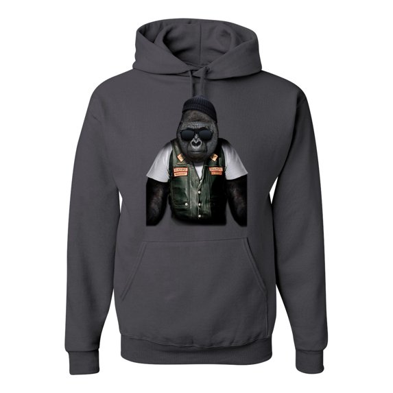 Cool Silverback Gorilla with Sunglasses and Biker Vest | Mens Animal Lover Hooded Sweatshirt Graphic Hoodie, Charcoal, Medium