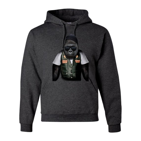 Cool Silverback Gorilla with Sunglasses and Biker Vest | Mens Animal Lover Hooded Sweatshirt Graphic Hoodie, Heather Black, Small