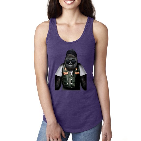 Cool Silverback Gorilla with Sunglasses and Biker Vest | Womens Animal Lover Jersey Racerback Tank Top, Purple Rush, Large
