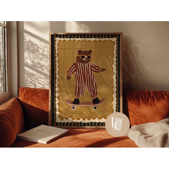Cool Skateboarding Bear Retro Wall Decor Poster Print for Kids Room Vintage Style 12x18 UNFRAMDE