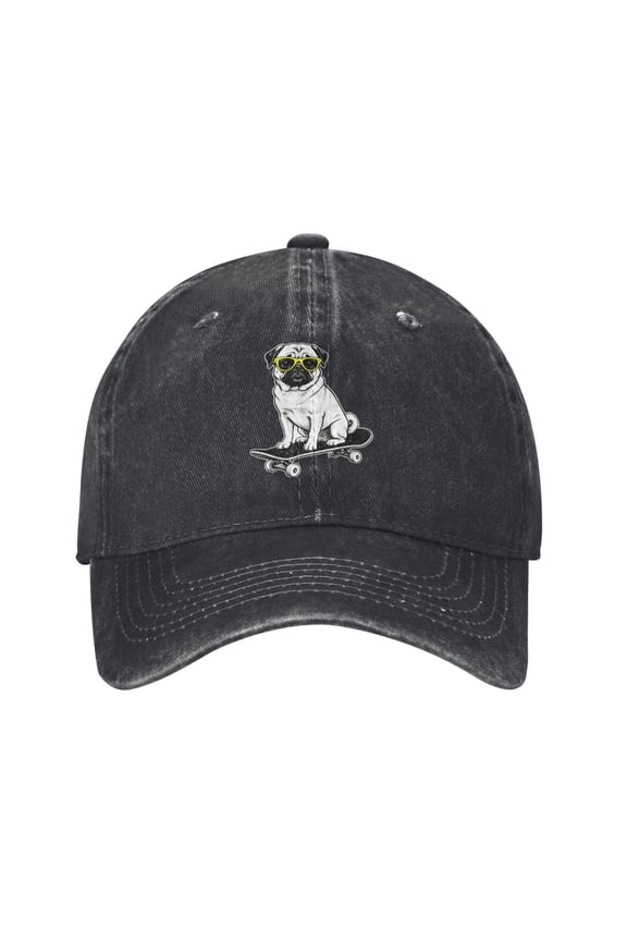 Cool Skateboarding Pug Baseball Cap Denim Adjustable Retro Street Style Dog Pug Hats Gifts for Pug Lovers Women Men Dad