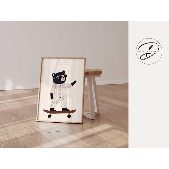 Cool Skater Bear Wall Art, Playful Nursery Decor, Girl Skateboard Print, Girls Bedroom Decor, Wall Art, Toddler Room Decor Home Decor #860, Unframed Poster Size 12x18