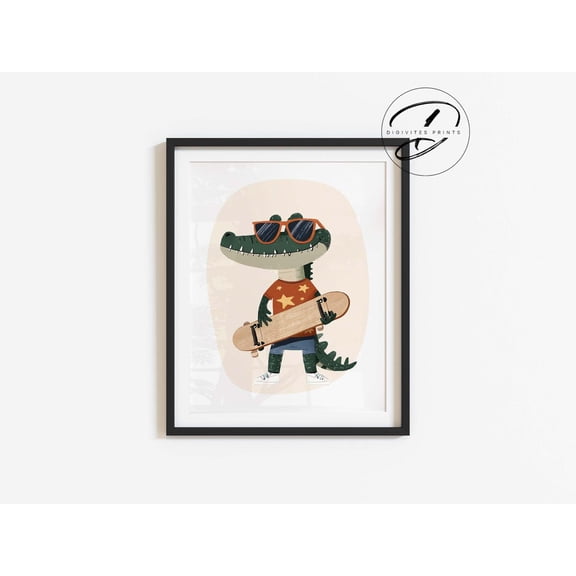 Cool Skater Crocodile Wall Art, Playful Nursery Decor, Boys Skateboard Print, Boys Bedroom Decor, Wall Art, Toddler Room Decor Home Decor #294, Unframed Canvas Size 12x18