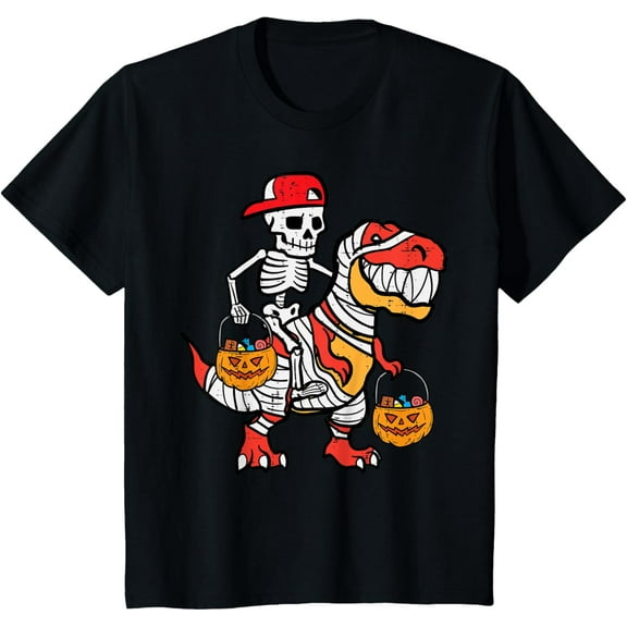 Cool Skeleton Cap Dino Mummy Toddler Boy Halloween Boys Kids T-Shirt