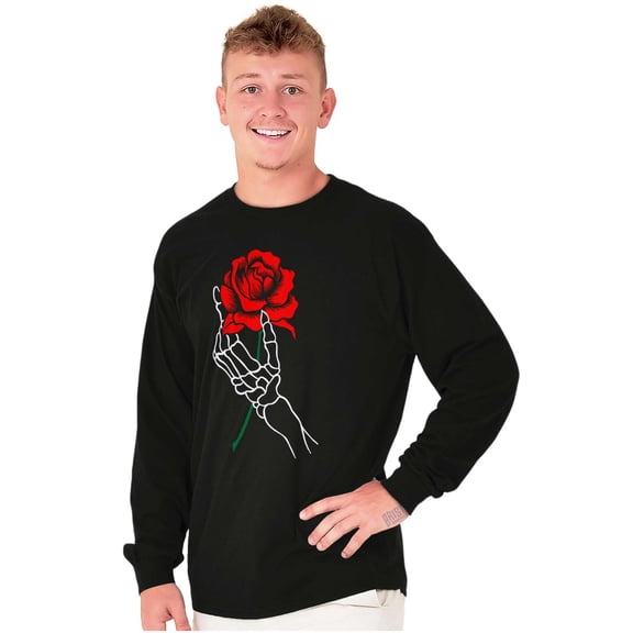 Cool Skeleton Hand Holding a Rose Plus Size Long Sleeve Graphic Tee Shirt Brisco Brands 2X