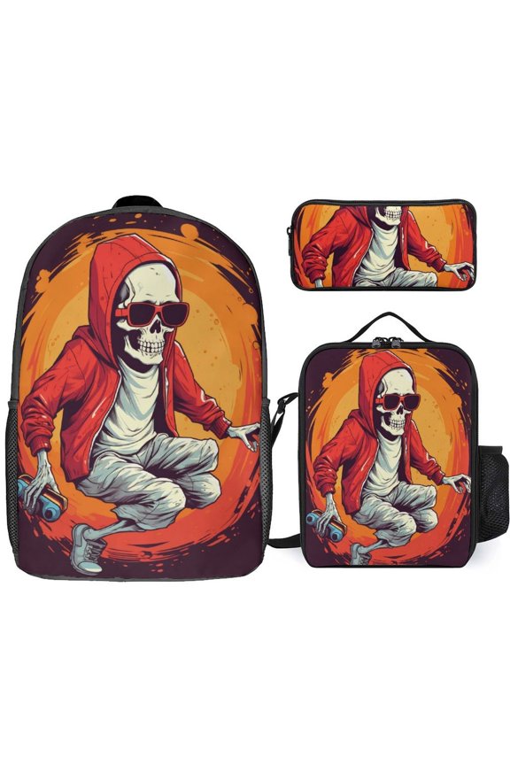 Cool Skeleton Skateboarder in Hoodie 3Set Bags for TeenCasual Women Backpack Bookbag for Student