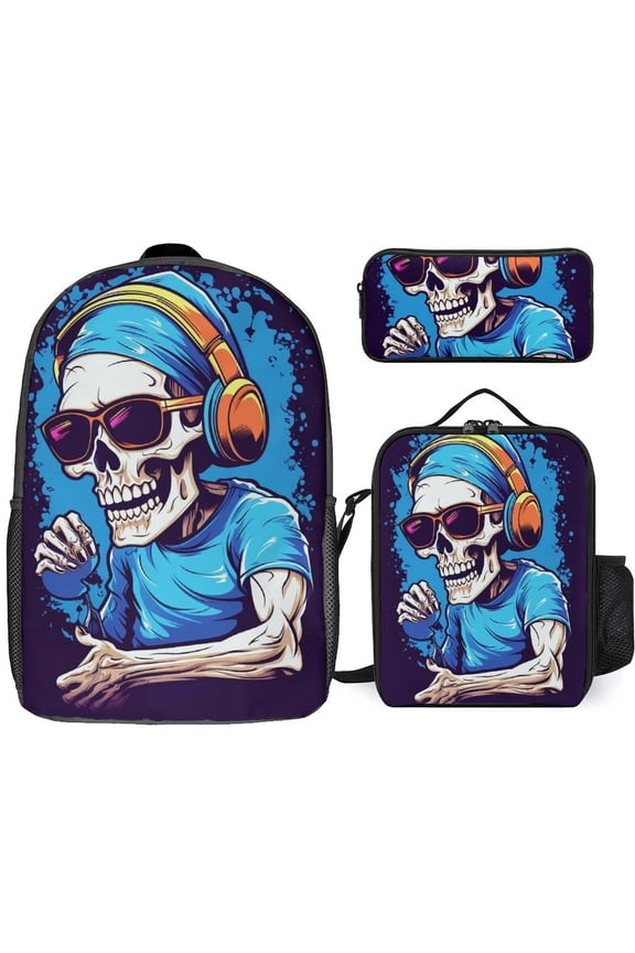 Cool Skull DJ with Headphones 3Set Bags for TeenCasual Women Backpack Bookbag for Student