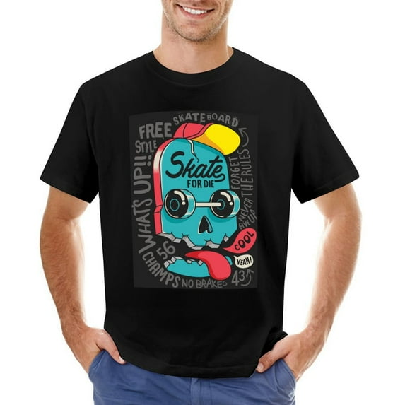 Cool Skull Skateboard Men’s T-Shirt 100% Cotton Casual Short Sleeve Tops Gift Tee Black XL