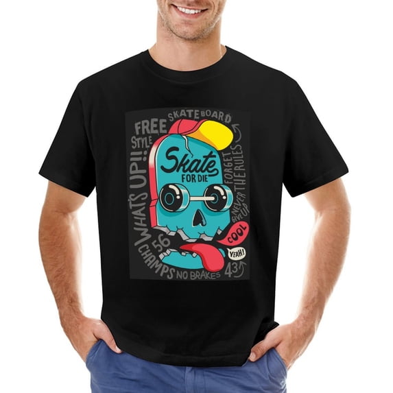 Cool Skull Skateboard Vintage T-shirt Mens Cotton Classic Crewneck Short Sleeve Tees Unisex Black 4XL