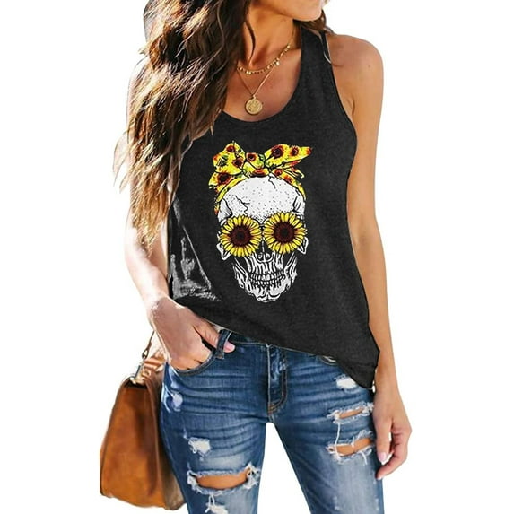 Cool Skull Tank Tops Women Sleeveless Sunflower Tee Shirts Skull Shirt Tank Tops