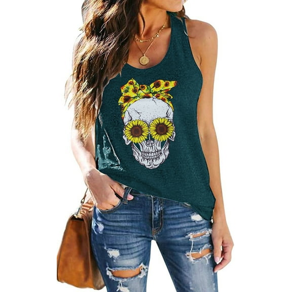 Cool Skull Tank Tops Women Sleeveless Sunflower Tee Shirts Skull Shirt Tank Tops