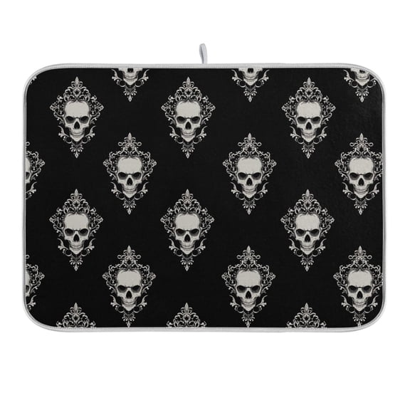 Cool Skulls Filigree Dish Drying Mat 16x18 Absorbent Microfiber Draining Rack Pad for Kitchen Counter Sink