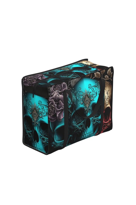 Cool Skulls Gothic Day Of The Dead Large Reusable Shopping Bag with Zipper Foldable Tote Grocery Bag for Shopping, Travel, Beach, Picnic