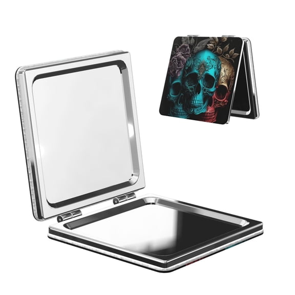 Cool Skulls Gothic Day Of The Dead Portable Double-Sided Face Mirror Square, Magnifying Compact Pocket Mirror with PU Leather Cover