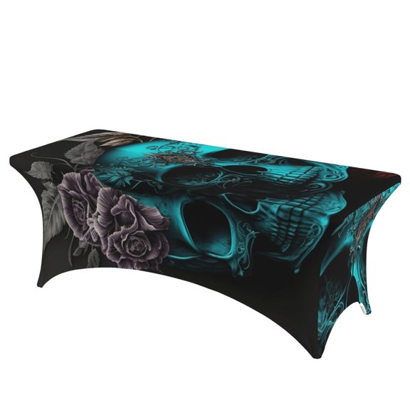 Cool Skulls Gothic Day Of The Dead Stretch Rectangular Table Cover 6FT Elastic Fitted Tablecloth for Parties, Weddings, Banquets