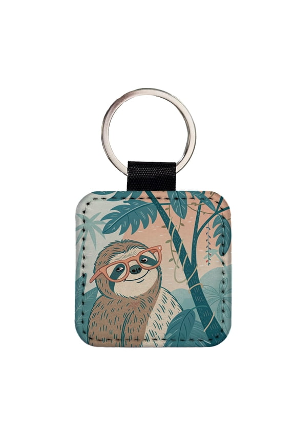 Cool Sloth Wearing Glasses Faux Leather Square Keychain