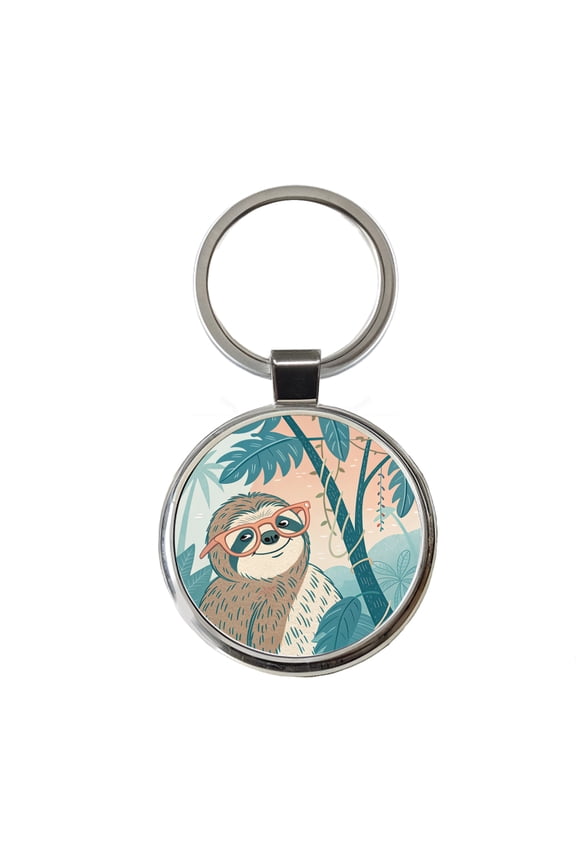 Cool Sloth Wearing Glasses Metal Round Keychain