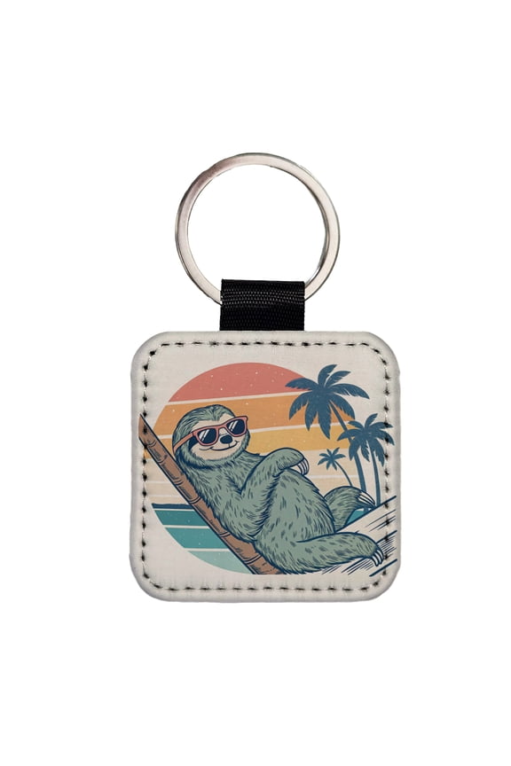 Cool Sloth Wearing Sunglasses Retro Illustration Faux Leather Square Keychain