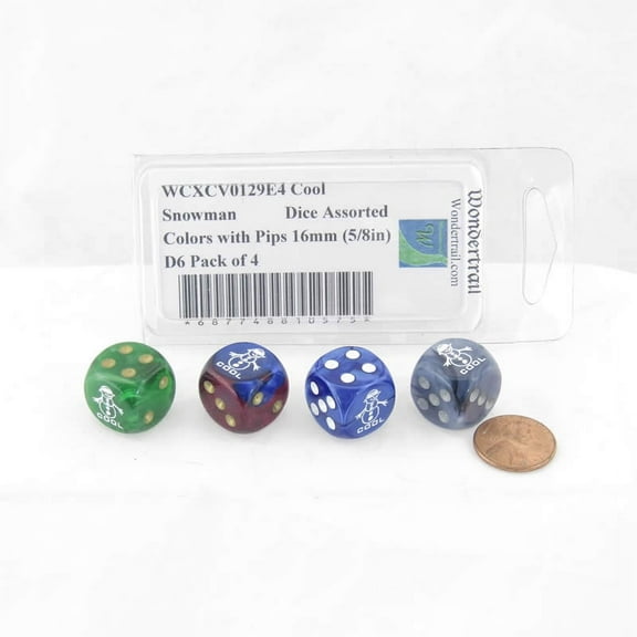 Cool Snowman Dice Assorted Colors with Pips 16mm (5/8in) D6 Pack of 4 Wondertrail