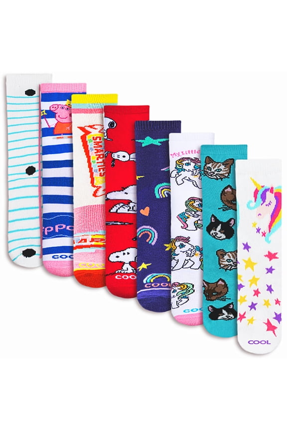 Cool Sock – Girls 8-Pack Crew Socks Bundle for Big Kids – Soft Cotton Blend – Fun Colorful Designs –