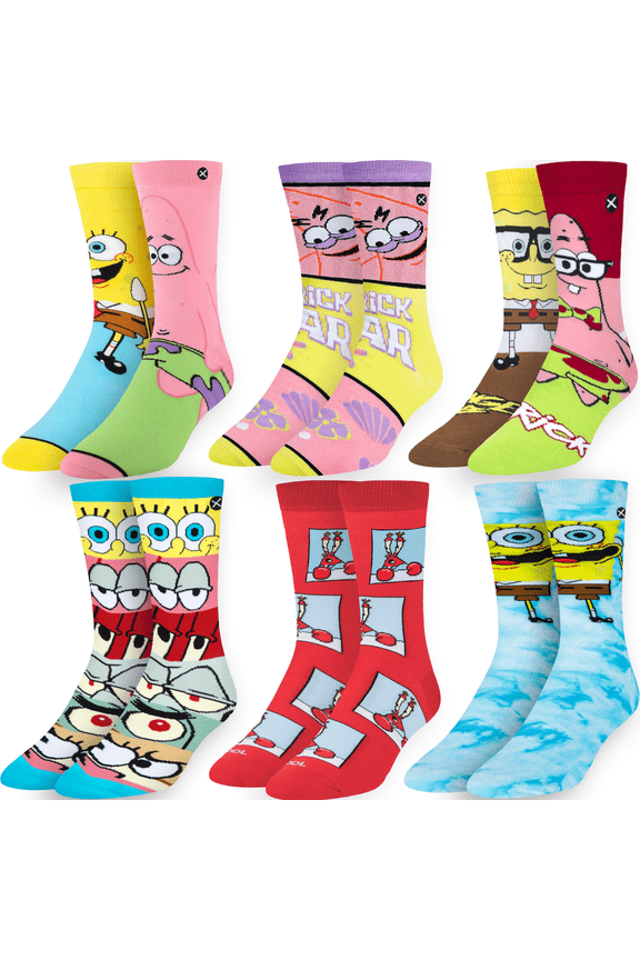 Cool Socks – SpongeBob SquarePants 6-Pack Crew Socks Bundle – Patrick, Squidward, Sandy & Mr. Krabs